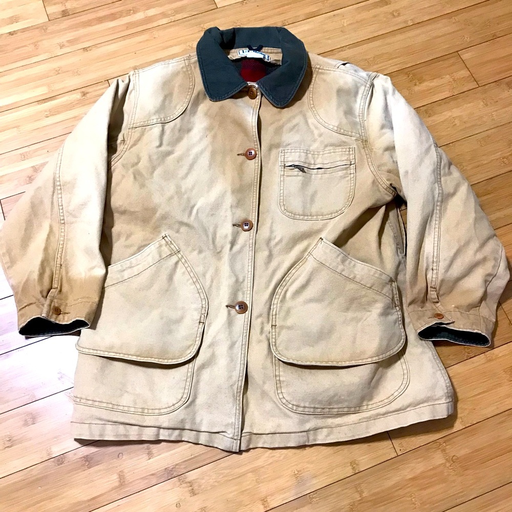 Vintage L L Bean Distressed Beige Plaid  Lined Barn Chore Works Jacket Size LP